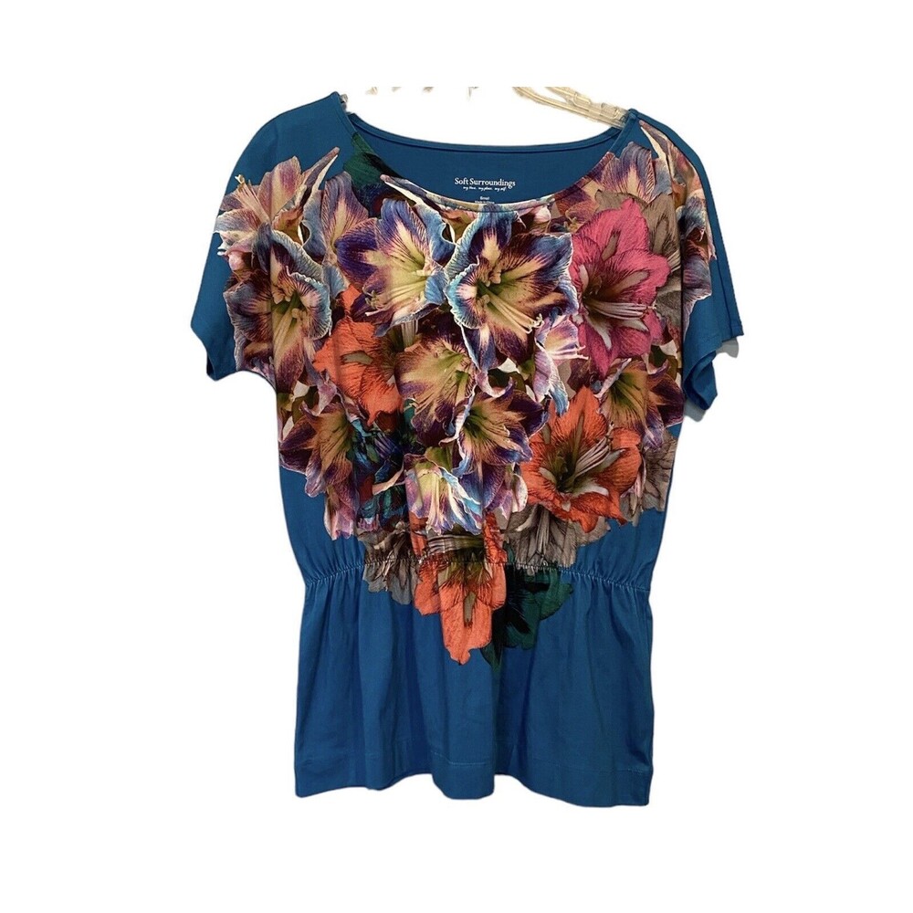 NWOT Soft Surroundings Women Sz S Floral Knit Cinch Waist Knit Top Short Sleeve